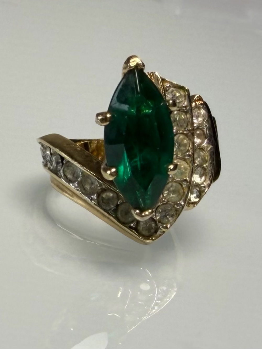 Vintage Emerald Marquise Cluster Ring with Clear Accent Stones